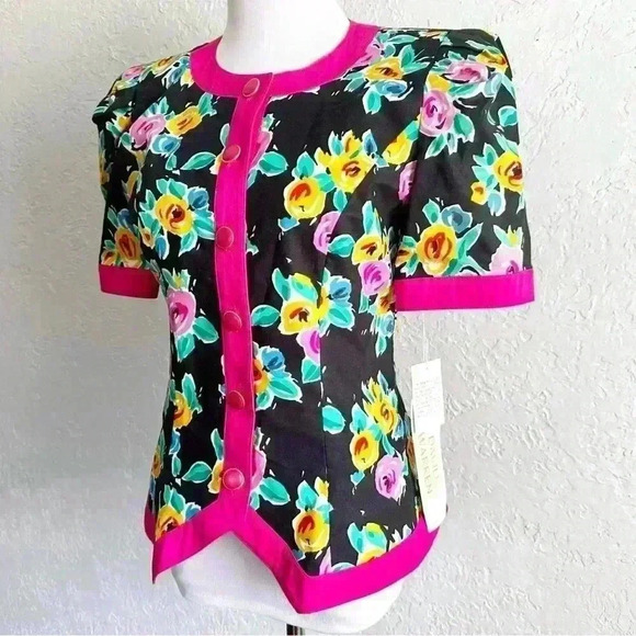 Vintage David Warren deadstock floral puff sleeve‎ button front top size 6 - Picture 2 of 9